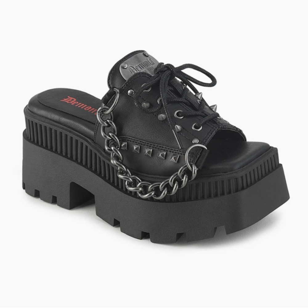 Demonia Black Platform Mules with Chain Detail